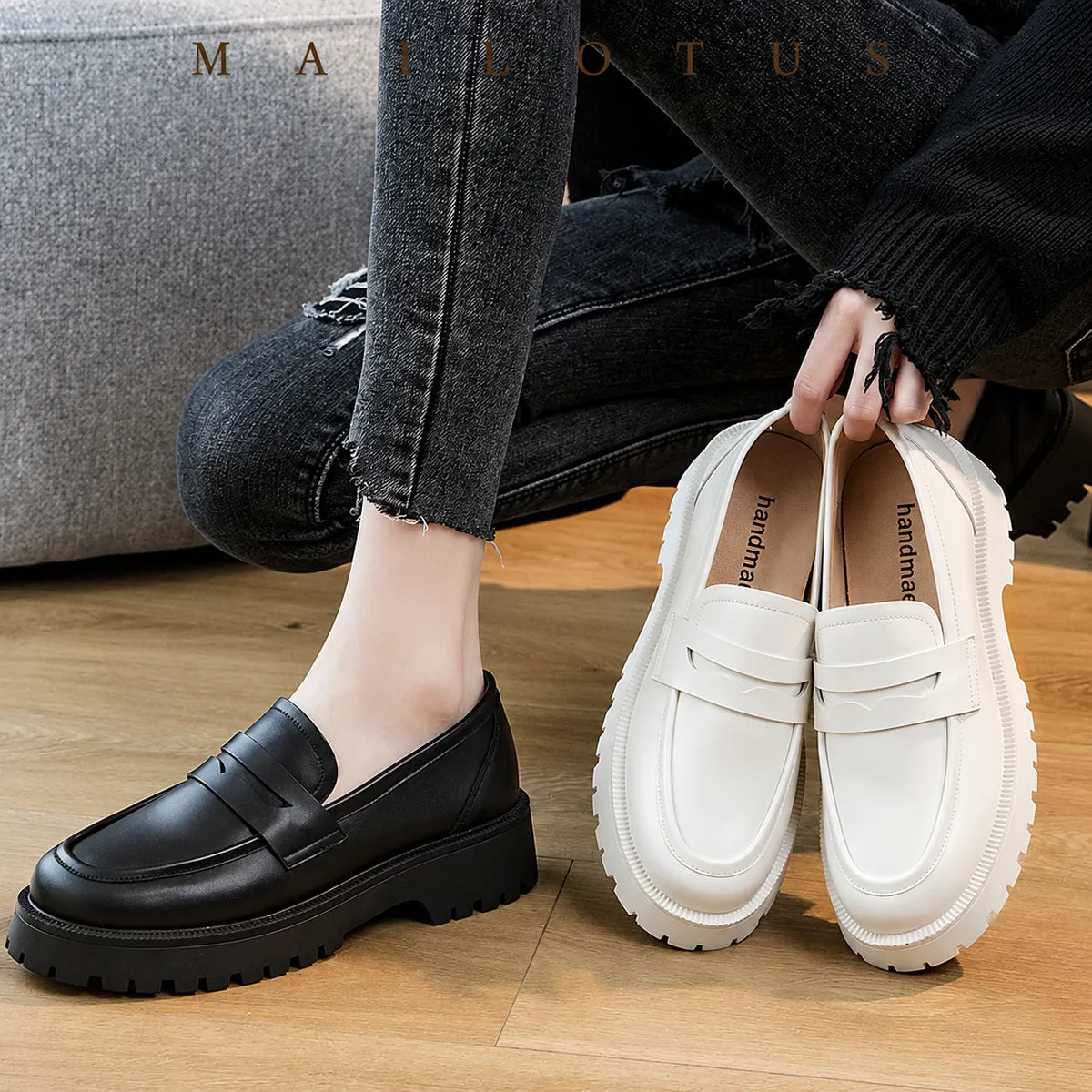 Mocassins Femme Semelle Épaisse Cuir Véritable